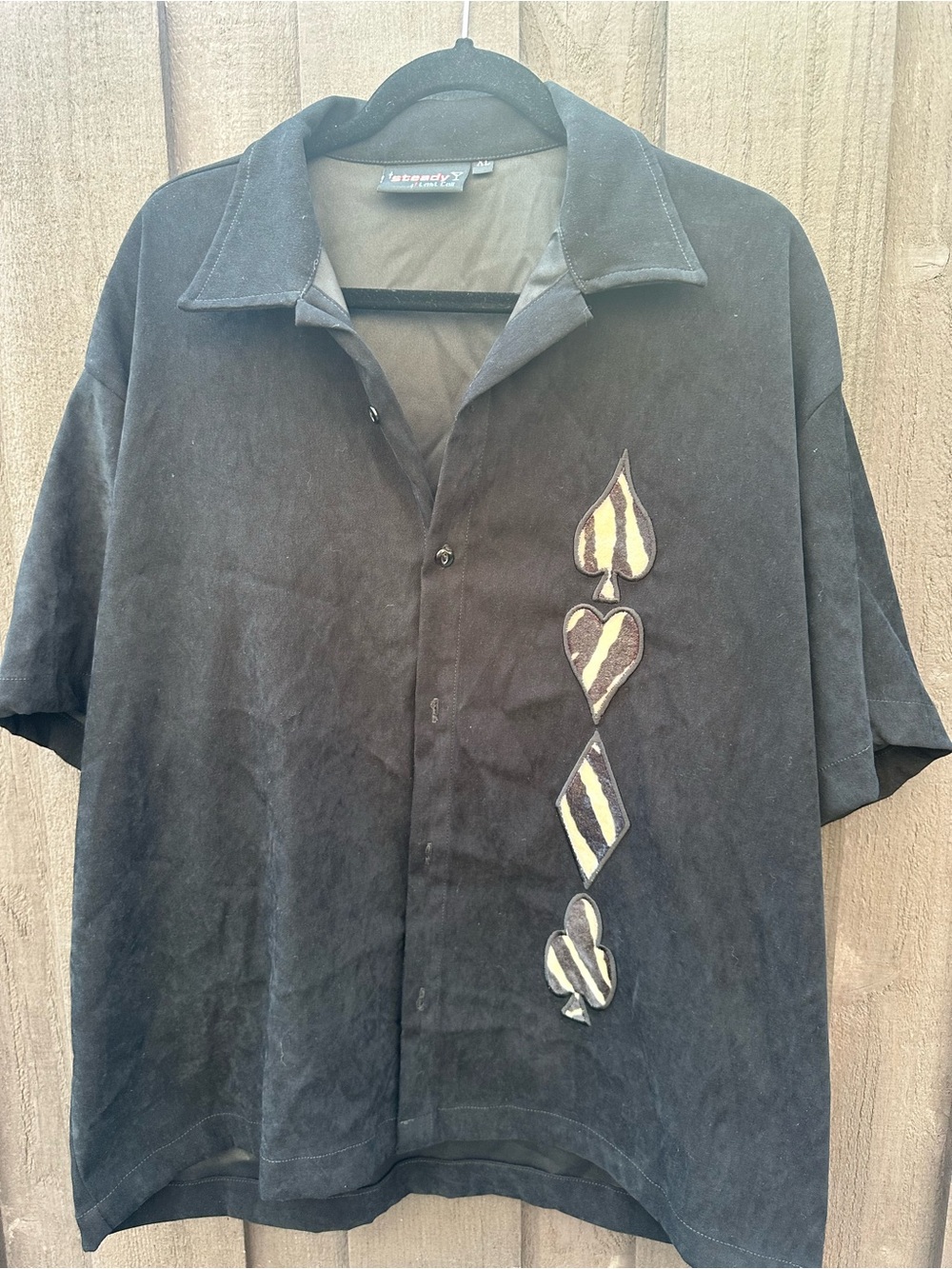 Men's Black Short-Sleeve Button-Down Shirt with Card Suit Appliqués